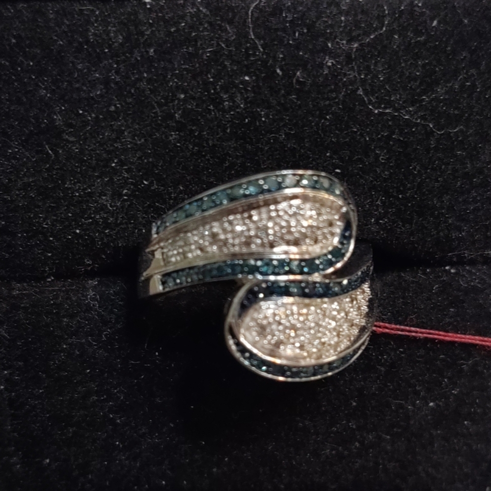 WHITE Diamonds and BLUE Rodium Sterling Silve Ring